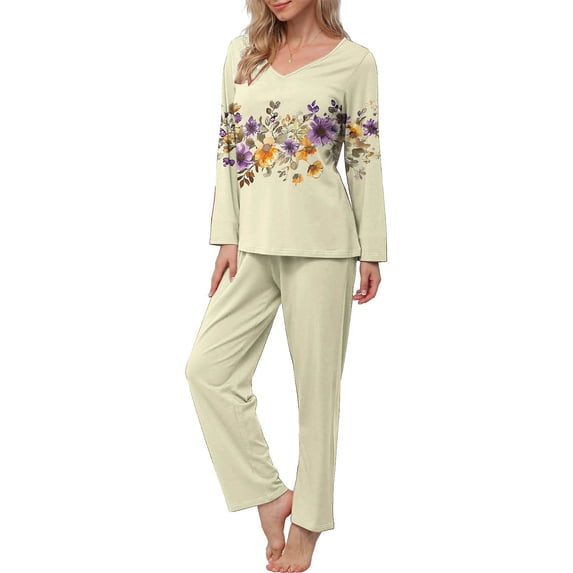 Cavosen Pajama Sets for Women Soft 2 Piece Outfit Sets Long Pants Long Sleeve V-Neck Tops Homewear Trendy Sleepwear Lightweight Comfy Nightwear Lounge Set Fall Winter Clothes