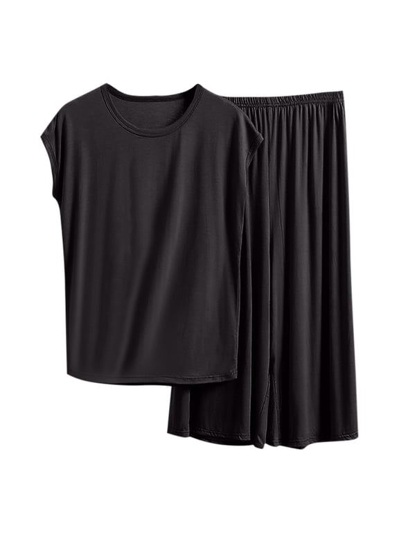 Pajama Sets for Women Short Sleeve 2 Piece Comfortable Lounge Set Lightweight Loungewear Solid Casual Sleepwear