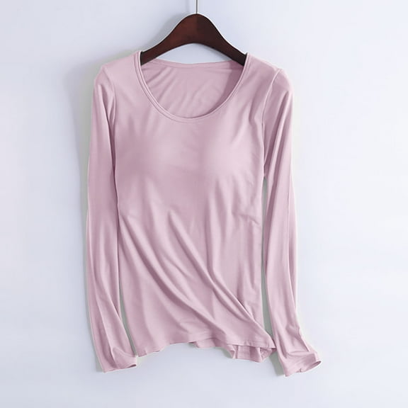 Cavosen Pajama Tops for Women Long Sleeve with Built in Bra Modal Cotton Solid Color Lounge Shirts Crewneck Sleep Blouse No Rims Padded Tops Active Fall Winter Tee Pink 4XL