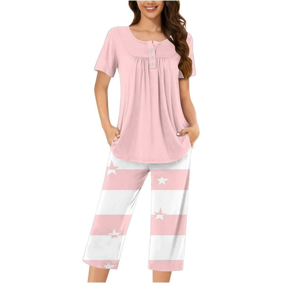 Cavosen Pajamas for Women 2 Piece Set Button Front Pleated Soft Nightwear Short Sleeve Round Neck Pullover Tops Striped Capri Sleepwear Loungewear with Pocket Loose Pink L