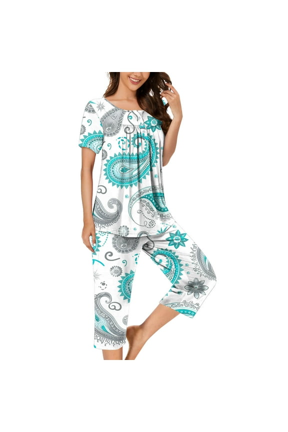 Pajamas for Women Pants Set with Pocket Button 2 Piece Outfit Sets Capris Short Sleeve Sleepshirts Homewear Pleated Sleepwear Lightweight Baggy Nightwear Fall Winter Clothes