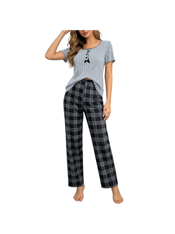 Pajamas for Women 2 Piece Trendy Crewneck Short Sleeve Bow Loungewear with Loose Pants Plaid Breathable Matching Set Summer Soft Sleepwear