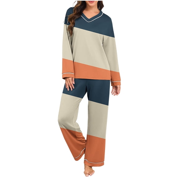 Cavosen Pajamas for Women Long Sleeve Soft V Neck Shirt Wide Leg Pants Stripe Breathable Casual Sleepwear Orange XL