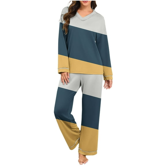 Cavosen Pajamas for Women Set V NeckLong Sleeve Pajama Set Stripe Loungewear Fall Sleepwear