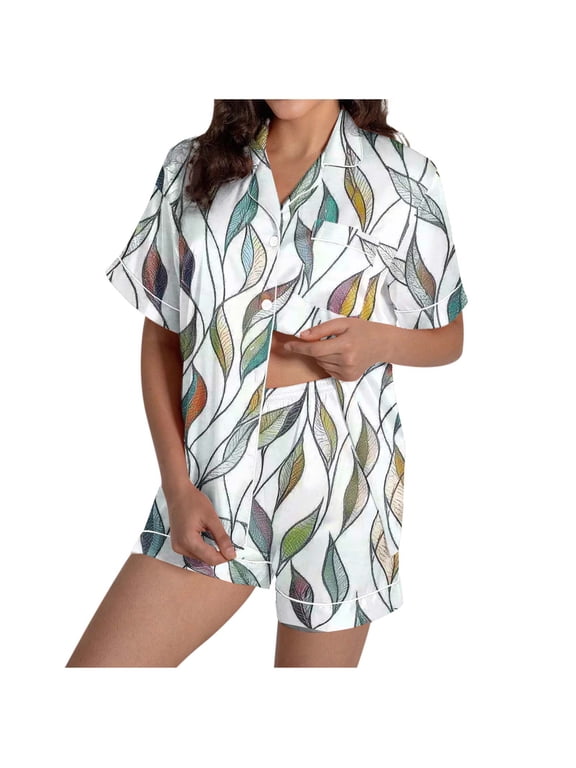 Pajamas for Women Short Sleeve Button Down Soft Lapel Shirt Short Pants Graphic Breathable Casual Loungewear with Pocket Khaki L