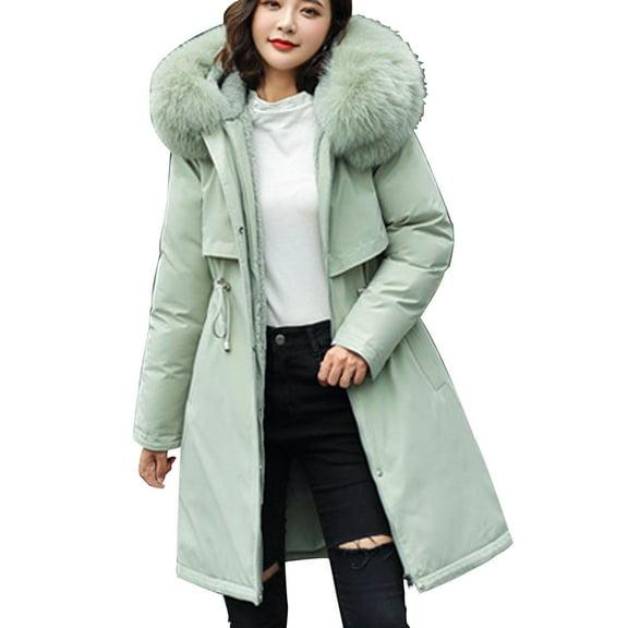 Cavosen Parka Coats Womens Winter Solid Detachable Hooded Puffer Jackets Thick Fleece Lined Long Parkas Long Sleeve Belted Peacoat Outerwear with Pocket Warm Clothes