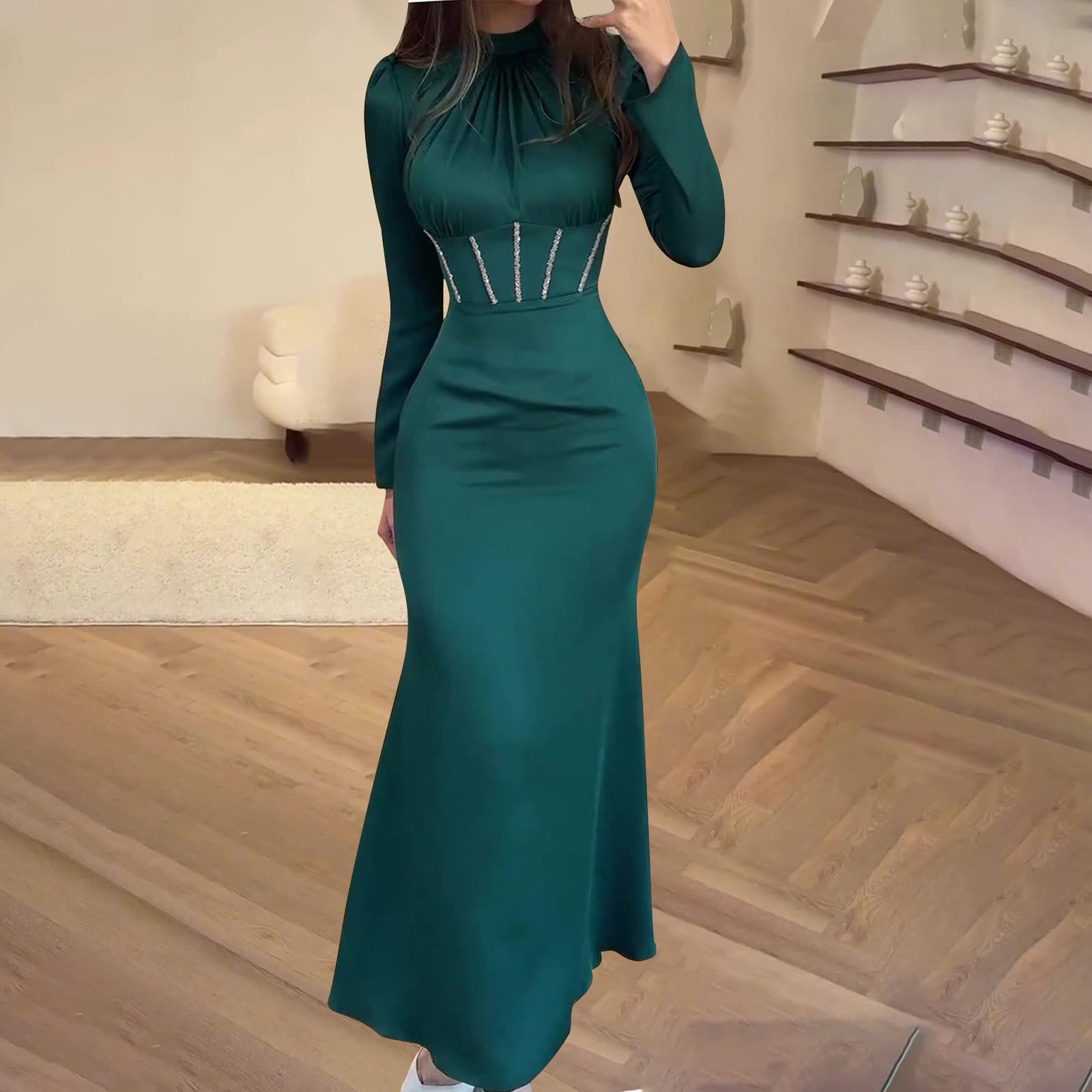 Cavosen Party Dresses for Women Elegant Classy Green Long Sleeve Long Dress Party Dress Crew Neck Pleated Tie Floor Length Maxi Dress Flowy Bodycon