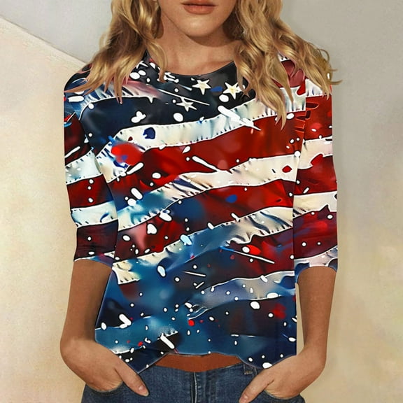 Cavosen Patriotic Clothes for Women Petite 4th of July 3/4 Sleeve Crew Neck Tops American Flag Print T Shirts Lady XL Red White and Blue Casual Tops Funny Patriotic Tunic Tees 2025 Patriotic Clothes