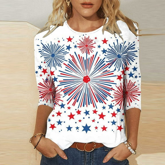 Cavosen Patriotic Clothes for Women Petite 4th of July 3/4 Sleeve Crewneck Tops American Flag Print T Shirts Lady XL Red White and Blue Casual Tops Funny Patriotic Tunic Tees 2025 Patriotic Clothes