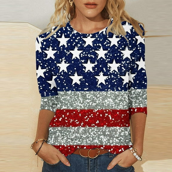 Cavosen Patriotic Clothes for Women Petite 4th of July 3/4 Sleeve Round Neck Shirts USA Star Striped Print Shirts Lady M Red White and Blue Casual Tops Patriotic Tunic Tees 2025 Patriotic Blouses