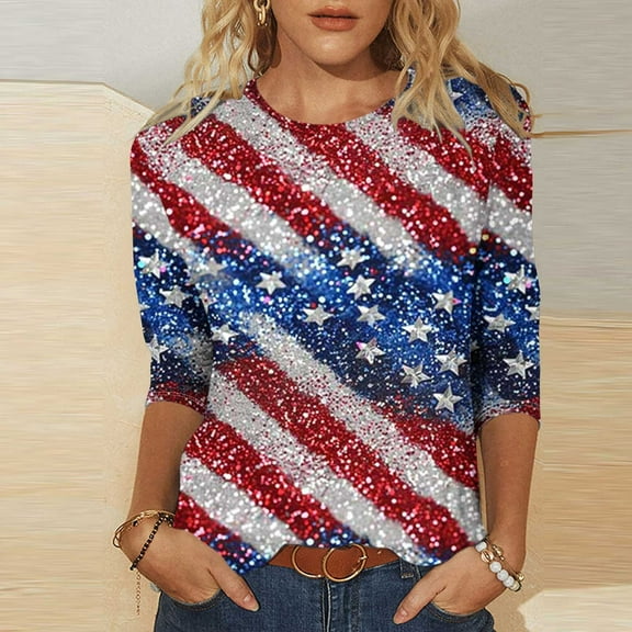 Cavosen Patriotic Clothes for Women Petite Independence Day 3/4 Sleeve Crew Neck T Shirts USA Star Striped Graphic Shirts Lady L 4th of July Casual Shirts Red White and Blue Tunic Tees