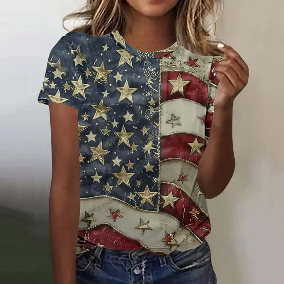 Cavosen Patriotic Clothes for Women Petite Independence Day Short Sleeve Crew Neck Shirts USA Star Striped Graphic Tops Lady L 4th of July Casual T Shirts Red White and Blue Tunic Tees