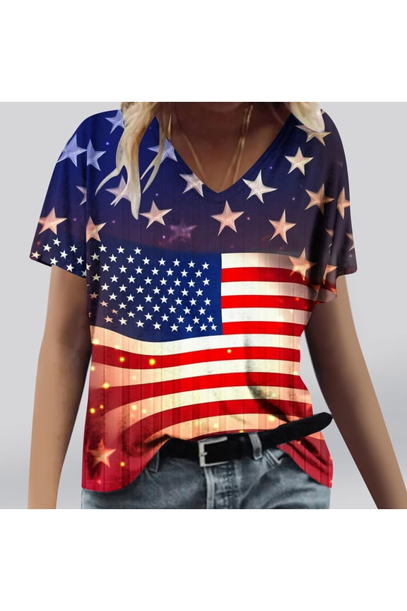 Patriotic Clothes for Women Petite Red White and Blue Short Sleeve V Neck T Shirts USA Flag Graphic Tops Lady L Patriotic Casual T Shirts Independence Day Tunic Tees 2025 Patriotic Blouses