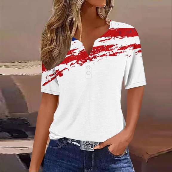 Cavosen Patriotic Clothes for Women Plus Size 4th of July Short Sleeve V-Neck Shirts American Flag Print Shirts Lady 3X Red White and Blue Casual Tops Patriotic Tunic Tees 2025 Patriotic Blouses