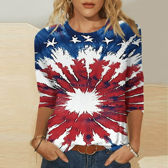 Cavosen Patriotic Clothes for Women Plus Size Patriotic 3/4 Sleeve Round Neck Tops USA Star Striped Print T Shirts Lady 2X Independence Day Casual Tops 4th of July Tunic Tees 2025 Patriotic Clothes