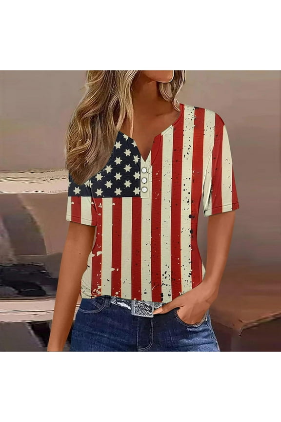 Patriotic Clothes for Women Plus Size Red White and Blue 3/4 Sleeve V Neck T Shirts American Flag Graphic Shirts Lady 2X Patriotic Casual Shirts Independence Day Tunic Tees Patriotic Clothes