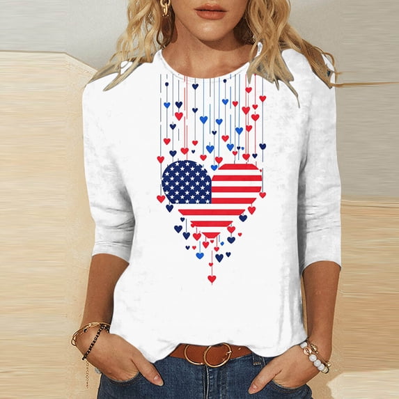 Cavosen Patriotic Shirts for Women 4th of July 3/4 Sleeve Crew Neck Shirts American Flag Print Shirts Lady XL Red White and Blue Casual Tops Funny Patriotic Tunic Tees 2025 Patriotic Blouses