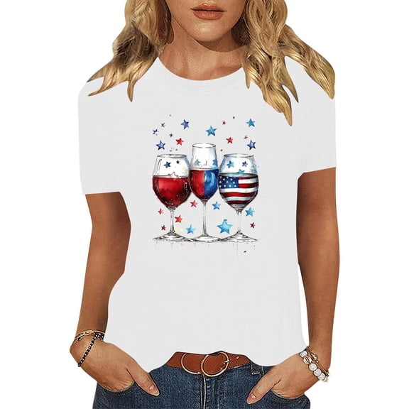 Cavosen Patriotic Shirts for Women Petite 4th of July Short Sleeve Crew Neck Tops American Flag Print T Shirts Lady XL Red White and Blue Casual Tops Funny Patriotic Tunic Tees 2025 Patriotic Clothes