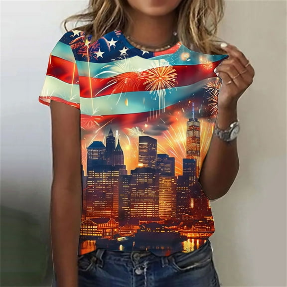 Cavosen Patriotic Shirts for Women Petite 4th of July Short Sleeve Round Neck Shirts USA Star Striped Print Shirts Lady L Red White and Blue Casual Tops Patriotic Tunic Tees 2025 Patriotic Blouses