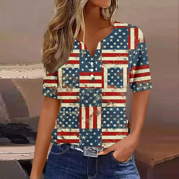 Cavosen Patriotic Shirts for Women Petite 4th of July Short Sleeve V Neck Tops American Flag Print T Shirts Lady L Red White and Blue Casual Shirts Funny Patriotic Tunic Tees 2025 Patriotic Outfits