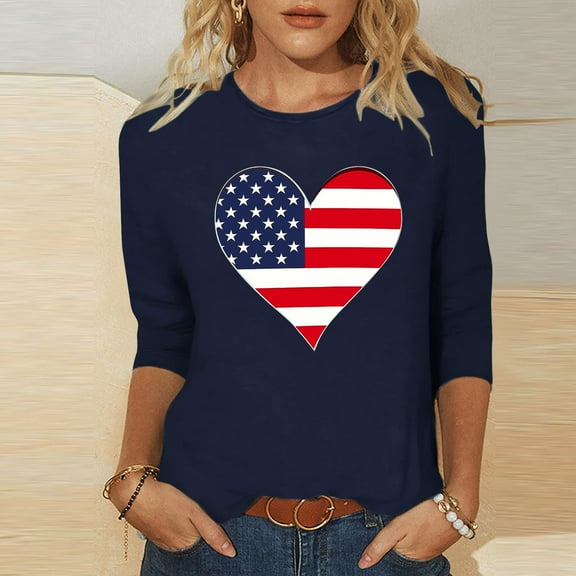 Cavosen Patriotic Shirts for Women Petite Independence Day 3/4 Sleeve Round Neck T Shirts USA Star Striped Graphic Shirts Lady S 4th of July Casual Shirts Red White and Blue Tunic Tees