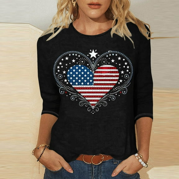 Cavosen Patriotic Shirts for Women Petite Patriotic 3/4 Sleeve Crewneck Tops USA Star Striped Print T Shirts Lady M Independence Day Casual Tops Funny 4th of July Tunic Tees 2025 Patriotic Clothes