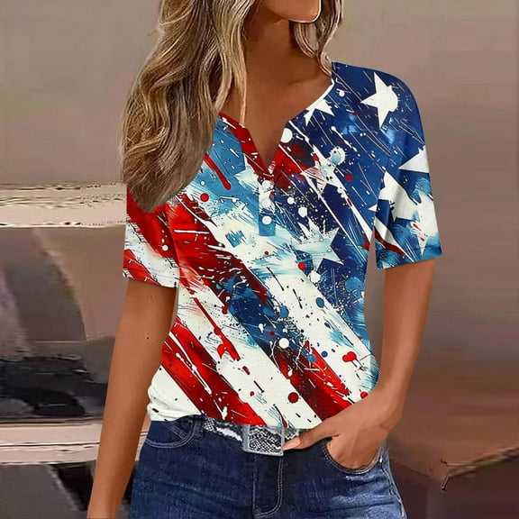 Cavosen Patriotic Shirts for Women Petite Patriotic Short Sleeve V-Neck Shirts USA Star Striped Print Shirts Lady M Independence Day Casual Tops Funny 4th of July Tunic Tees 2025 Patriotic Blouses