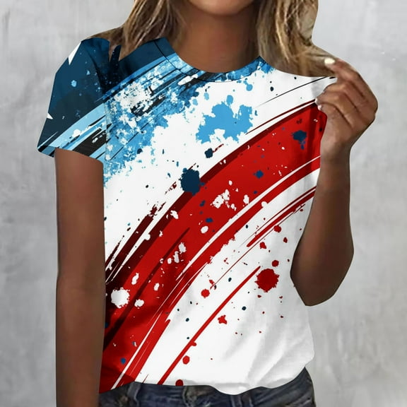 Cavosen Patriotic Shirts for Women Petite Red White and Blue Short Sleeve Crew Neck Shirts USA Star Striped Graphic Tops Lady XL Patriotic Casual T Shirts Independence Day Tunic Tees