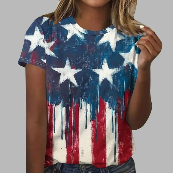 Cavosen Patriotic Shirts for Women Petite Red White and Blue Short Sleeve Crewneck Shirts American Flag Graphic Tops Lady L Patriotic Casual T Shirts Independence Day Tunic Tees Patriotic Outfits