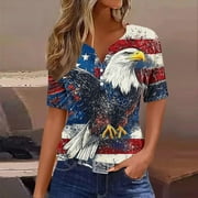 CAVOSEN Patriotic Shirts for Women Petite Red White and Blue Short Sleeve V Neck T Shirts USA Star Striped Graphic Tops Lady XL Patriotic Casual T Shirts Independence Day Tunic Tees Patriotic Blouses