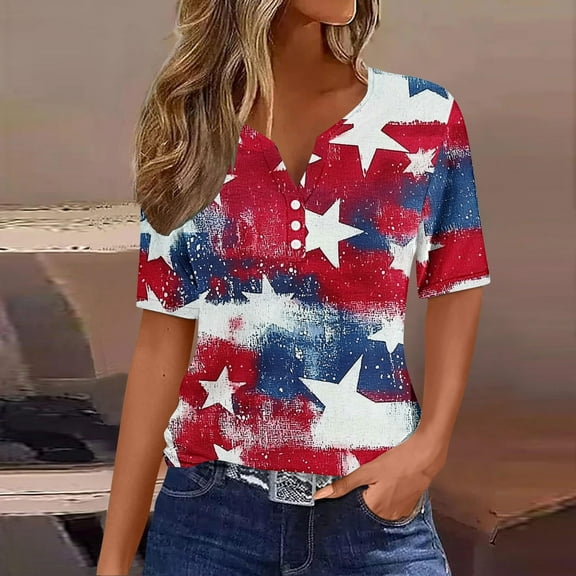 Cavosen Patriotic Shirts for Women Petite Red White and Blue Short Sleeve V Neck T Shirts USA Star Striped Graphic Tops Lady XL Patriotic Casual T Shirts Independence Day Tunic Tees Patriotic Blouses