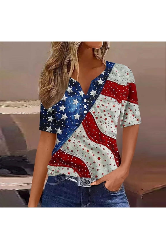 Patriotic Shirts for Women Red White and Blue Short Sleeve V-Neck T Shirts USA Star Striped Graphic Tops Lady XL Patriotic Casual T Shirts Independence Day Tunic Tees Patriotic Blouses