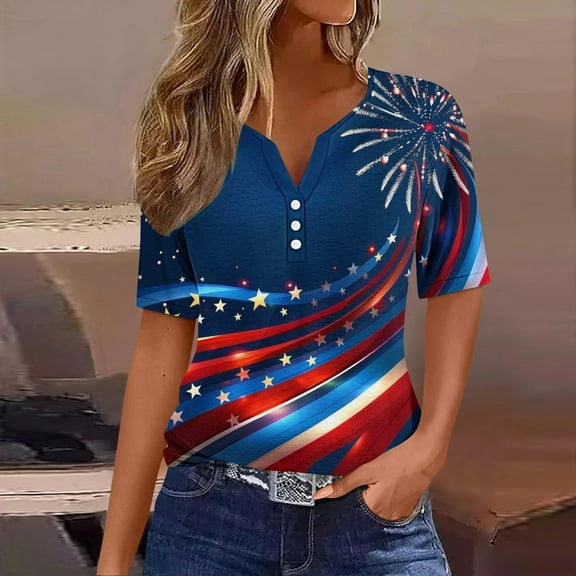 Cavosen Patriotic Shirts for Women Plus Size 4th of July 3/4 Sleeve V-Neck Tops American Flag Print T Shirts Lady 3X Red White and Blue Casual Tops Funny Patriotic Tunic Tees 2025 Patriotic Clothes