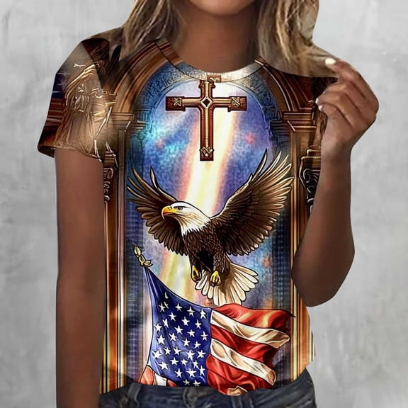 Cavosen Patriotic Shirts for Women Plus Size 4th of July Short Sleeve Crewneck Shirts American Flag Print Shirts Lady 2X Red White and Blue Casual Tops Patriotic Tunic Tees 2025 Patriotic Blouses