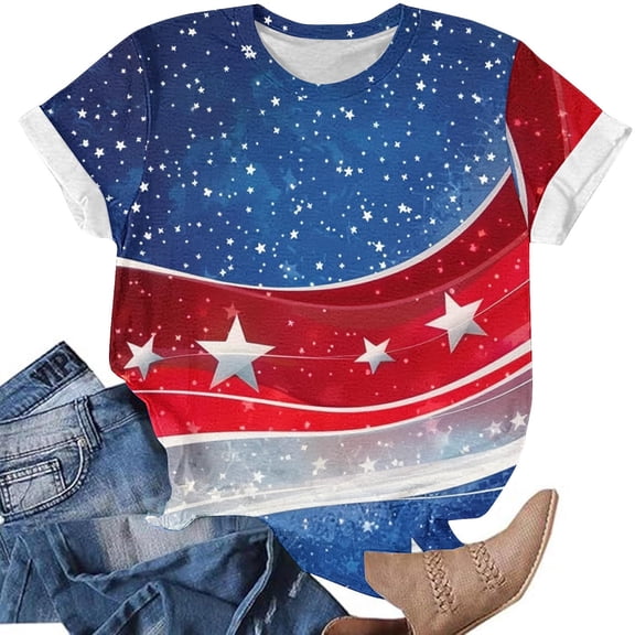 Cavosen Patriotic Shirts for Women Plus Size 4th of July Short Sleeve Round Neck Shirts American Flag Print Shirts Lady 4X Red White and Blue Casual Tops Patriotic Tunic Tees 2025 Patriotic Blouses