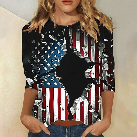 Cavosen Patriotic Shirts for Women Plus Size Independence Day 3/4 Sleeve Round Neck T Shirts USA Star Striped Graphic Tops Lady 3X 4th of July Casual T Shirts Red White and Blue Tunic Tees