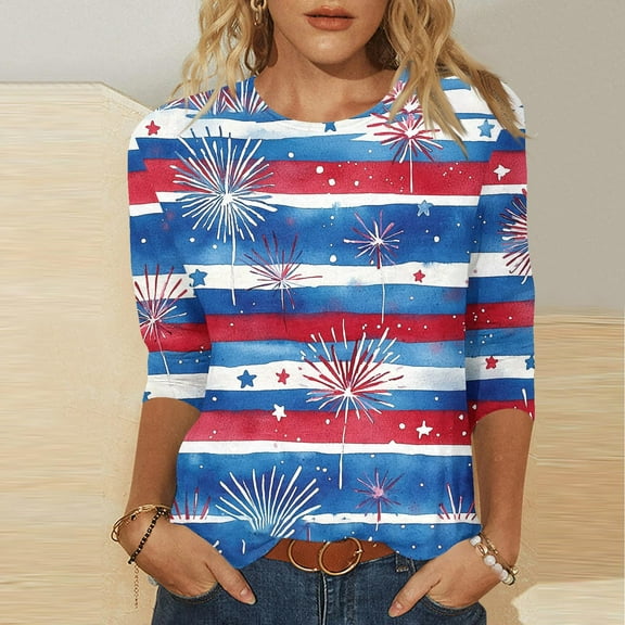 Cavosen Patriotic Shirts for Women Plus Size Patriotic 3/4 Sleeve Crew Neck Tops USA Star Striped Print T Shirts Lady 3X Independence Day Casual Tops 4th of July Tunic Tees 2025 Patriotic Clothes