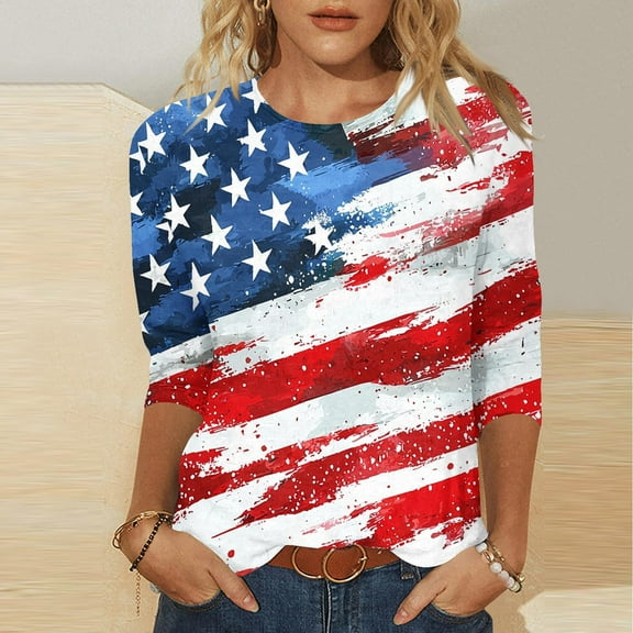 Cavosen Patriotic Shirts for Women Plus Size Red White and Blue 3/4 Sleeve Crew Neck T Shirts USA Flag Graphic Shirts Lady 2X Patriotic Casual Shirts Independence Day Tunic Tees Patriotic Clothes