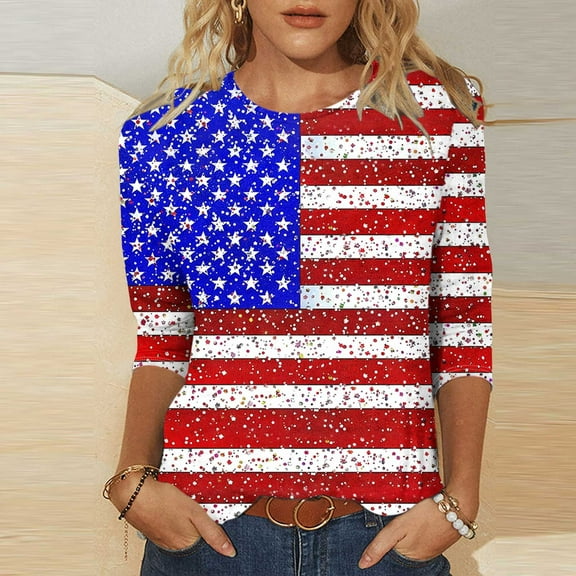 Cavosen Patriotic Shirts for Women Plus Size Red White and Blue 3/4 Sleeve Crew Neck T Shirts USA Flag Graphic Tops Lady 5X Patriotic Casual T Shirts Independence Day Tunic Tees Patriotic Blouses