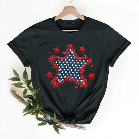 Cavosen Patriotic Shirts for Women Plus Size Red White and Blue Short Sleeve Round Neck Shirts USA Flag Graphic Tops Lady 3X Patriotic Casual T Shirts Independence Day Tunic Tees Patriotic Outfits