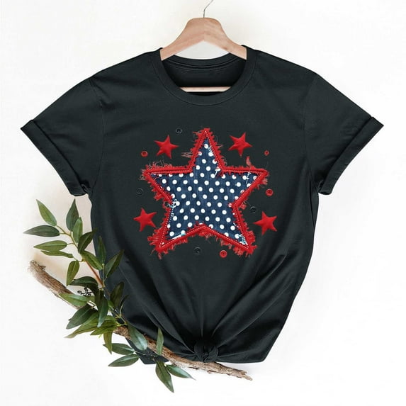 Cavosen Patriotic T Shirts for Women Petite 4th of July Short Sleeve Round Neck Tops American Flag Print T Shirts Lady XL Red White and Blue Casual Shirts Patriotic Tunic Tees Patriotic Outfits