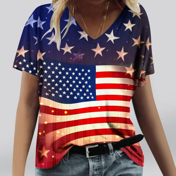 Cavosen Patriotic T Shirts for Women Petite Independence Day Short Sleeve V Neck T Shirts USA Star Striped Graphic Shirts Lady M 4th of July Casual Shirts Red White and Blue Tunic Tees