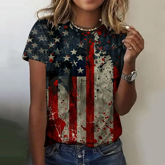 Cavosen Patriotic T Shirts for Women Petite Red White and Blue Short Sleeve Round Neck T Shirts USA Star Striped Graphic Shirts Lady XL Patriotic Casual Shirts Independence Day Tunic Tees
