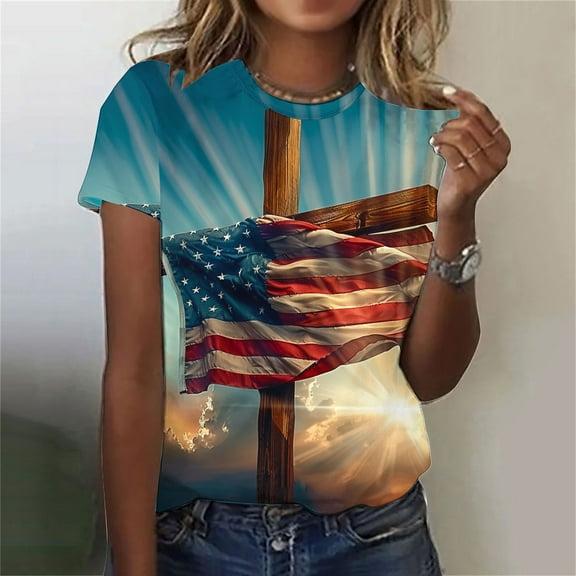 Cavosen Patriotic T Shirts for Women Petite Red White and Blue Short Sleeve Round Neck T Shirts USA Star Striped Graphic Tops Lady XL Patriotic Casual T Shirts Independence Day Tunic Tees