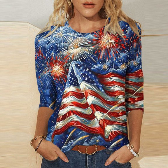 Cavosen Patriotic T Shirts for Women Plus Size 4th of July 3/4 Sleeve Crewneck Tops USA Star Striped Print T Shirts Lady 2X Red White and Blue Casual Shirts Patriotic Tunic Tees Patriotic Outfits