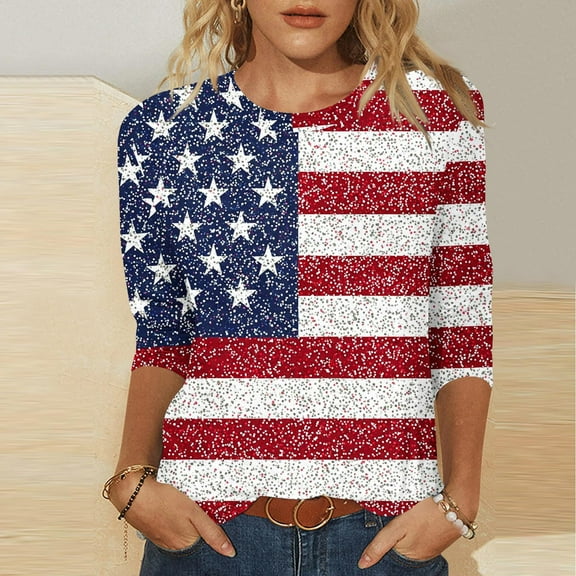 Cavosen Patriotic T Shirts for Women Plus Size Patriotic 3/4 Sleeve Crew Neck Tops USA Star Striped Print T Shirts Lady 3X Independence Day Casual Tops 4th of July Tunic Tees 2025 Patriotic Clothes