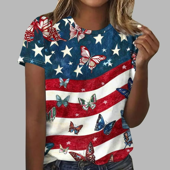 Cavosen Patriotic Tops for Women Petite 4th of July Short Sleeve Crew Neck Tops USA Star Striped Print T Shirts Lady S Red White and Blue Casual Tops Funny Patriotic Tunic Tees 2025 Patriotic Clothes