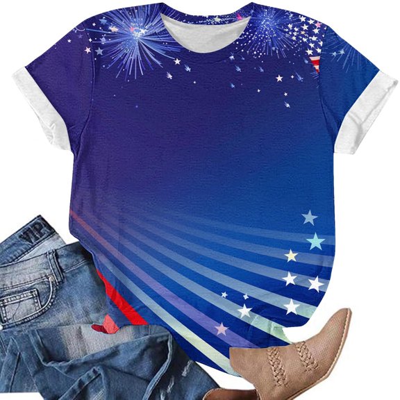Cavosen Patriotic Tops for Women Petite 4th of July Short Sleeve Crew Neck Tops USA Star Striped Print T Shirts Lady XL Red White and Blue Casual Tops Patriotic Tunic Tees 2025 Patriotic Clothes