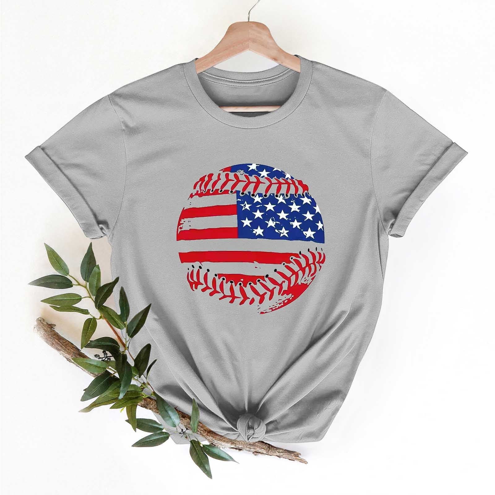 Women's American Flag Baseball T-Shirt – Patriotic 4th Of July Short Sleeve Tee, Casual Graphic Top, Gray - View #3