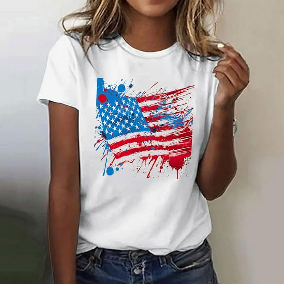 Cavosen Patriotic Tops for Women Petite 4th of July Short Sleeve Round Neck Shirts USA Flag Print Shirts Lady XL Red White and Blue Casual Tops Funny Patriotic Tunic Tees 2025 Patriotic Blouses